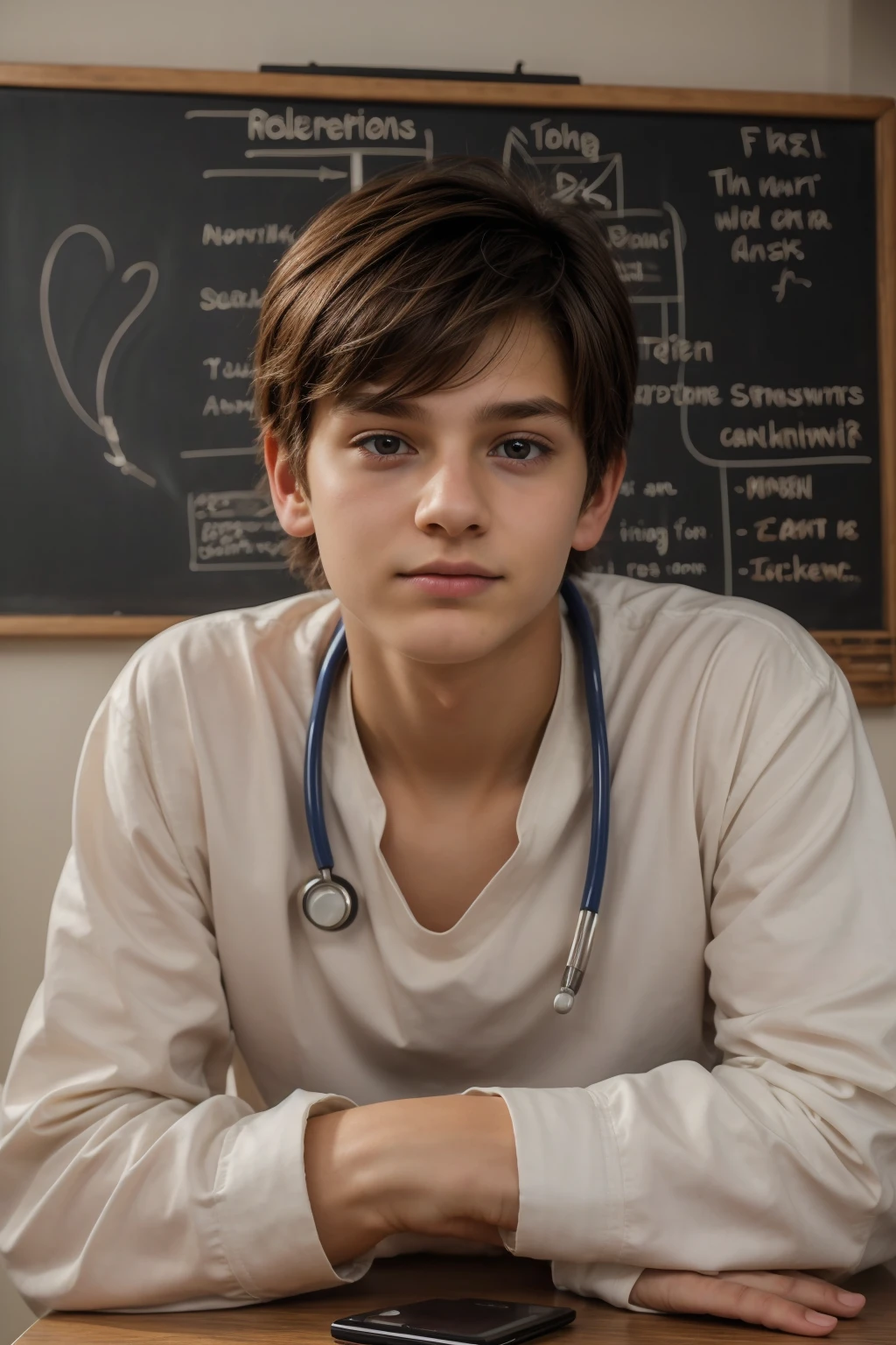 A young male twinks, , with a cute angel face, with makeup and black hair, wearing a luxurious, long-sleeved, white shirt and brown medieval pants. Behind him is a blackboard with the nerve cells of the brain written on it, and he looks proudly as he sits at a desk with medical tools on it, and he has a face. Innocent