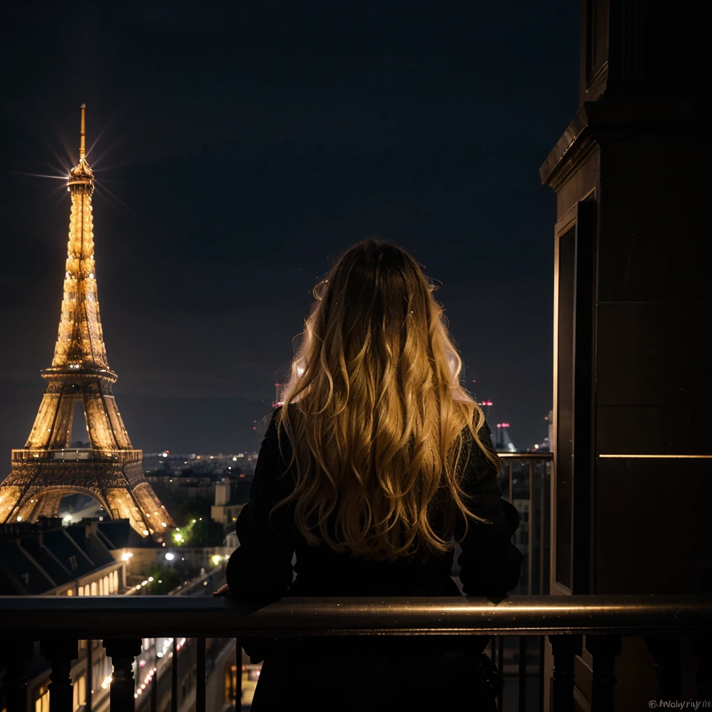 Nighttime photograph featuring a woman with long, wavy blonde hair, wearing a black dress, standing on a balcony. She is facing away from the camera, looking towards the illuminated Eiffel Tower in the distance. The scene is set in an urban environment with classic Parisian architecture, including a multi-story building with balconies and ornate details on the left. The sky is dark, and the Eiffel Tower is brightly lit, creating a striking contrast against the night. The overall mood is serene and contemplative.