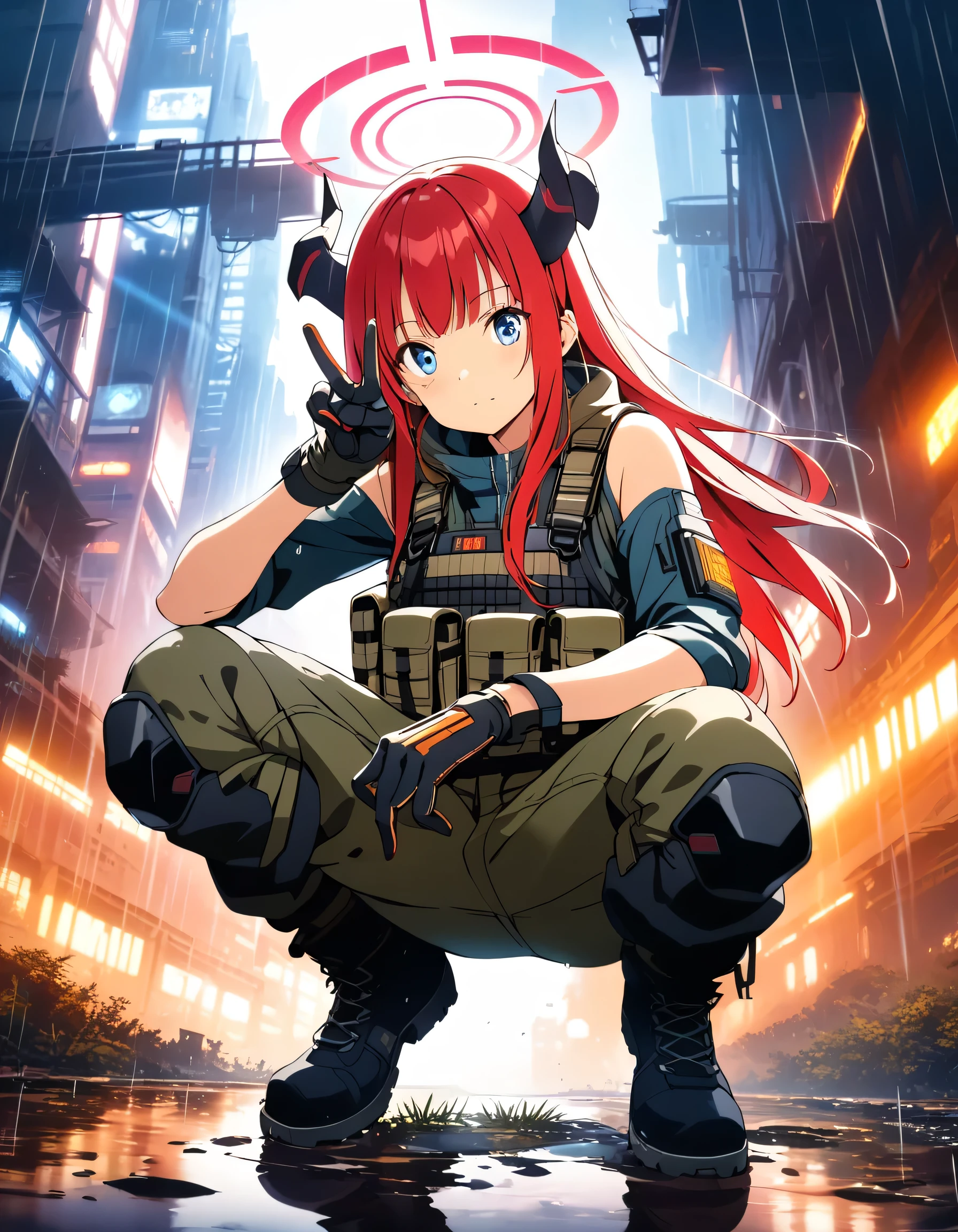 face_focus,looking at viewer,solo,long hair,halo,blue eyes,gloves,bangs,bare shoulders,amazing composition,beautiful,incredible lighting,horns,long red hair,morose facial expression,raw photo,squatting,head up, tactical gear, bulletproof vest, black tactical boots, tactical gloves, backless overalls,farm,rain,puddle,double exposure,cyberpunk,tactical gear,(exosuit:0.4),(cyborg woman:0.4),futuristic,wearing boots,incredibly absurdres,artbook,Cinematic Lighting,complex background,detailed cyberpunk background,v,arm_up,