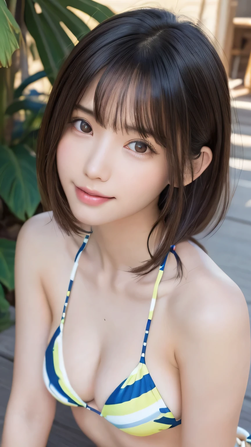 One Girl, (beautiful girl, Delicate girl:1.3), (26 years old:1.3),
break, (bikini:1.3),
break, Extremely detailed clarity, (Symmetrical eyes:1.3),
perfectly trimmed fingers,
break, Medium chest, Brown eyes, Parted bangs, Brown Hair,
break, (Eye and  details:1.0),
break, (masterpiece, Highest quality, Very detailed, Detailed face, 8k),smile,Beach, Leaning forward