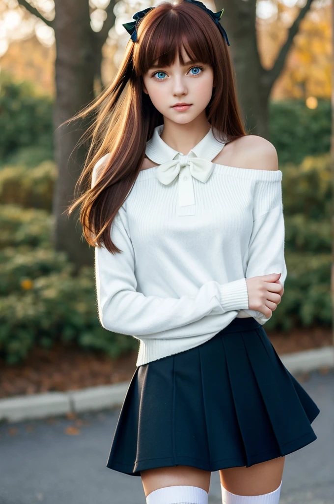 Cute cold looking girl,straight hair,shoulder length hair,square bangs,reddish hair,twin butterfly ribbons in hair,dark blue eyes,long-sleeved sweater that covers your uniform,White Thigh High Socks,black sweater,fitted white shirt,very short skirt,green skirt