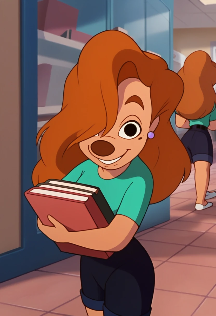 Roxanne, 1girl, solo, brown hair, holding, long hair, jewelry, earrings, book, green shirt, holding book, black eyes, smile, tiles, indoors, short sleeves, tile floor, shorts, furry female,score_9, score_8_up, score_7_up, score_6_up, score_5_up, score_4_up, looking at viewer, smile, hair over one eye,