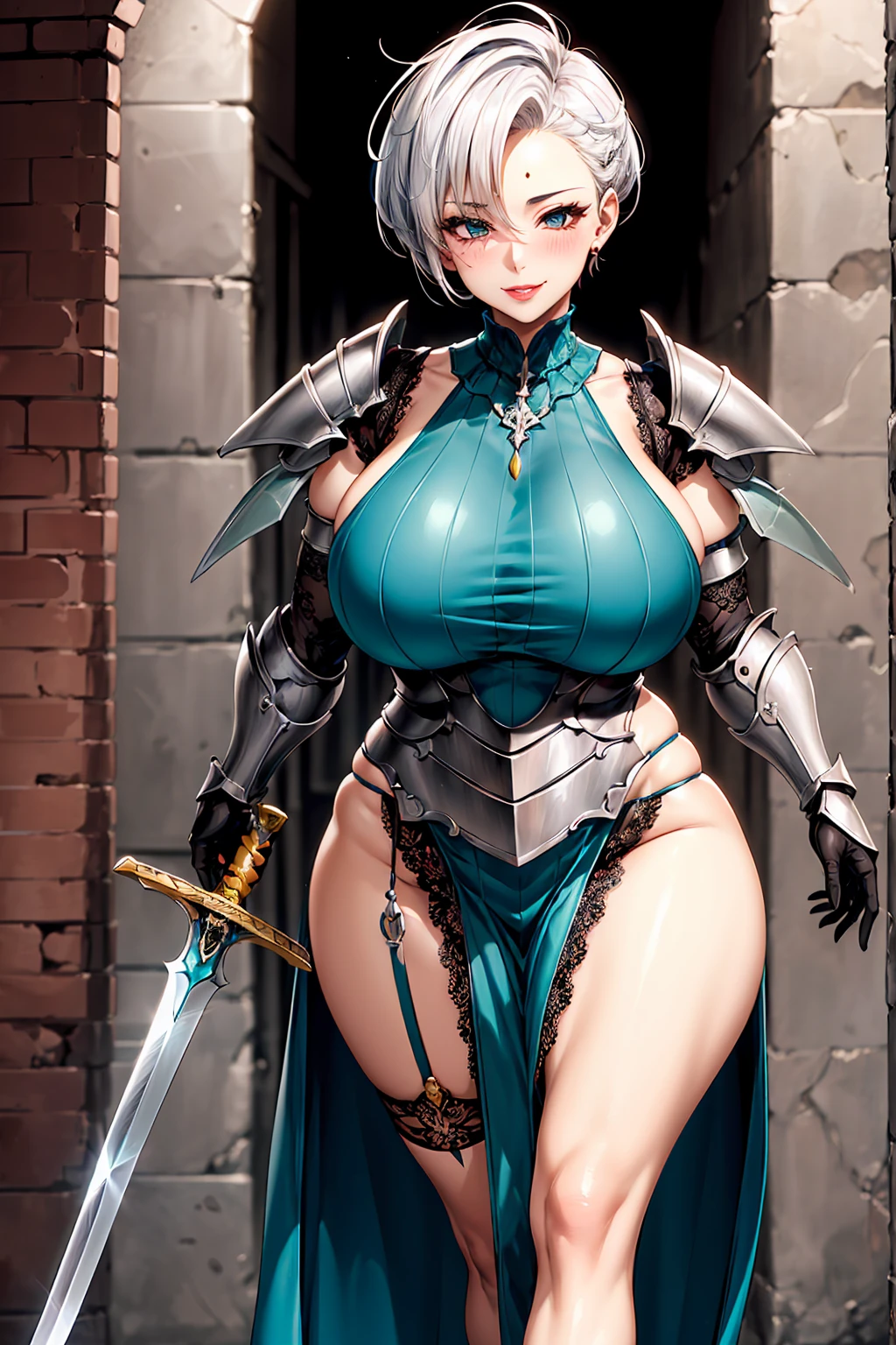 sfw, 1girl, (pixie_cut_hairstyle:1.3), white_hair, Dungeon_theme, (Walking:1.2), (Dungeon_bacground), (lace_skimpy_white_robe:1.3), teal_eyes, (curvy:1.2), mature_face, calm_face, slight_smile, symetrical_eyes, symetrical_face, (silver_armor_on_arms), knees, (over_the_shoulder_look), gloves, Milf, mature female, blush, lips, armored_neck, forehead, sword_in_hand