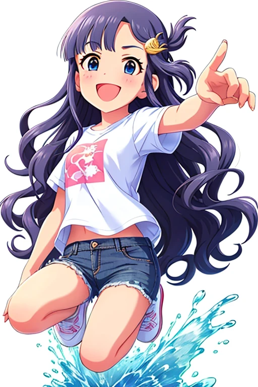 2D, anime, anime coloring, (solid white background:1.3) Asari Nanami,
long hair, blue eyes, blue hair, smile, open mouth, 1girl, hair ornament, bangs, fish hair ornament, fish, solo, blush, full body, stand, idle, t-shirt, white shirt, denim shorts, shorts rolled, white sneaker shoe, wavy hair, water 