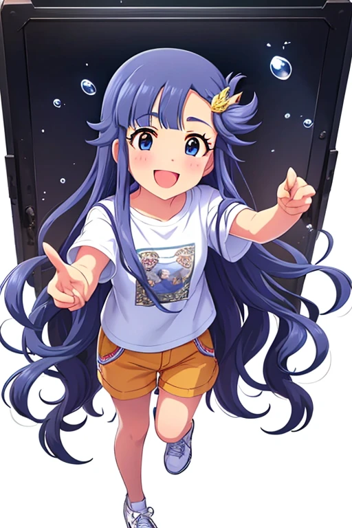 2D, anime, anime coloring, (solid white background:1.3) Asari Nanami,
long hair, blue eyes, blue hair, smile, open mouth, 1girl, hair ornament, bangs, fish hair ornament, fish, solo, blush, full body, stand, idle, t-shirt, white shirt, denim shorts, shorts rolled, white sneaker shoe, wavy hair, water 