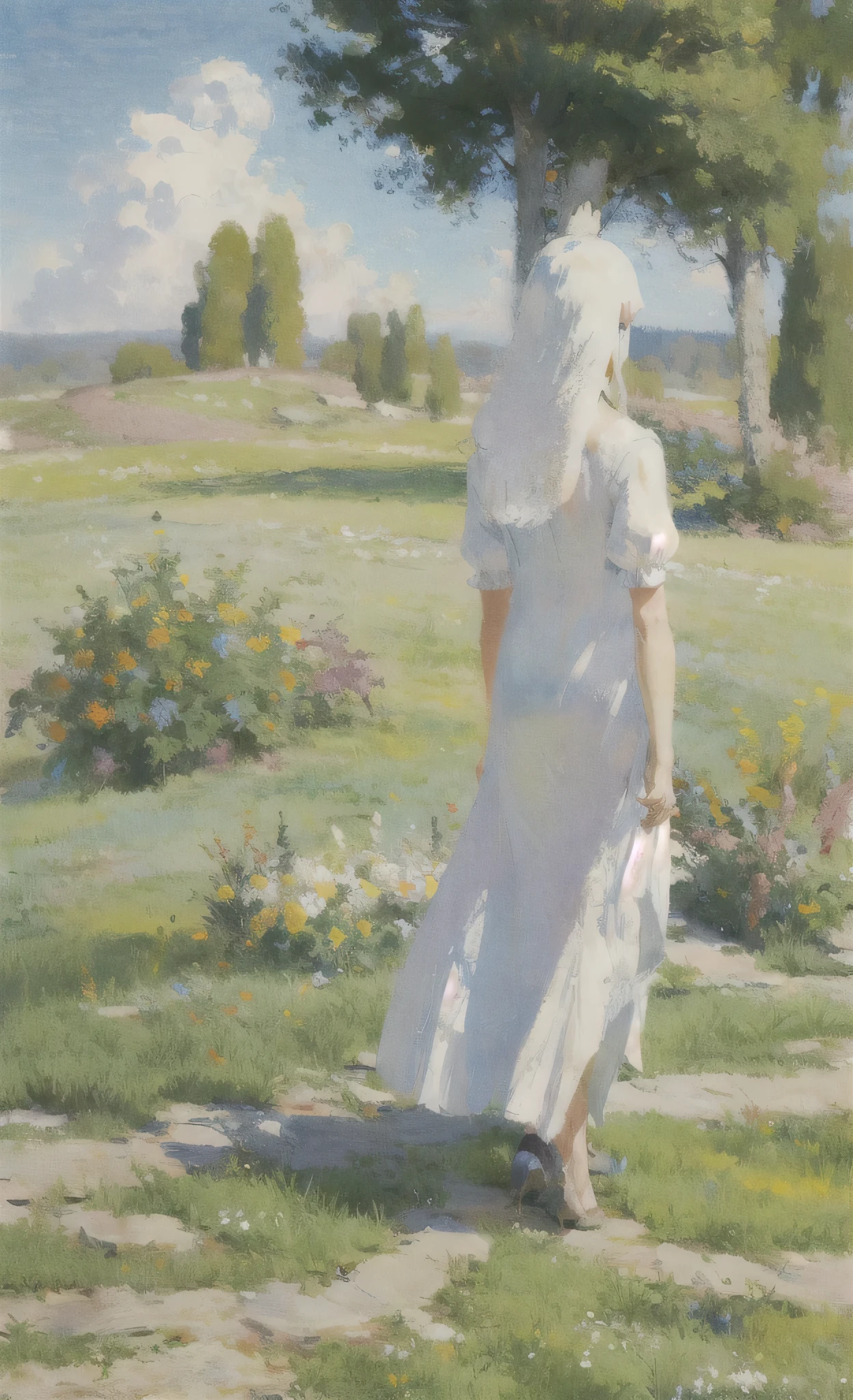 tree, outdoors, scenery, road,female focus, traditional mediaï¼ Distance, depth of field,masterpiece, best quality, (illustration:1.0), masterpiece, best quality,green grass,zigzag trail,woman walking down road, woman with with hair and white dress with white wings,sun,blue sky,clouds,zig zag road,flowers,grass,trees,bright colors,pastel