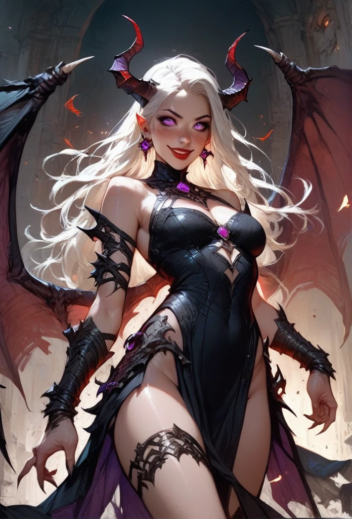 score_9, score_8_up, score_7_up, score_6_up, score_5_up, score_4_up,1girl, demon, dark dress, thigh strap, red lips, blush, smile, white long hair, purple eyes,fantasy,solo focus,epic,little black horns, black wings, bat wings, purple eyes, human ears