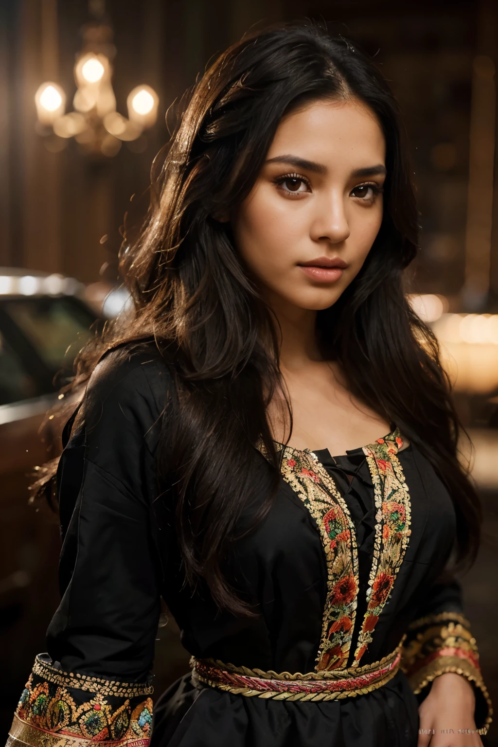 a beautiful latina woman with brown eyes, long black hair, full lips, medium build, detailed facial features, intricate hairstyle, elegant pose, colorful traditional dress, warm lighting, ultra-detailed, realistic, photo-realistic, high quality, 8k, HDR, cinematic, dramatic lighting