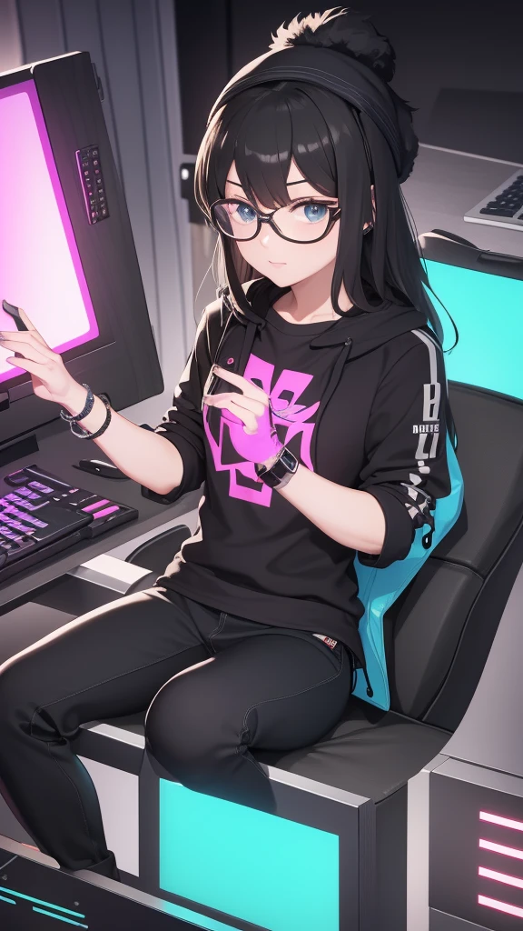 Appearance:Hair: Style rambut yang modern, can be long or short, with striking or natural colors.Accessory: Big gaming headset, glasses, maybe also a hat or beanie.Clothes: T-shirts or hoodies with game logos or futuristic designs, jeans or joggers, and sneakers.Additional Details: Small backpack, wrist with a bracelet or smart watch.personality:Facial expressions: A face that shows enthusiasm, Focus, or joy.Body posture: Active and dynamic posture, perhaps holding a controller or keyboard.interest:Environment: A room full of gaming equipment such as dual monitors, gaming chair, and various game posters on the walls.Action: Can be depicted playing games in front of a computer or console, or are interacting with online communities.Ability:Skill: Depicts the character playing the game skillfully or perhaps being in a winning position.Style:Color: Use neon or contrasting colors to give a futuristic and modern impression.Additional Elements: Game symbols, neon light, or digital effects.