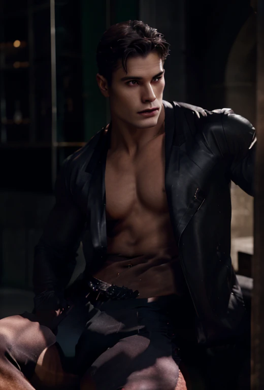 a vampire gothic hunk in sexy black erotic lace underwear, muscular physique, chiseled jawline, piercing eyes, pale skin, dramatic lighting, high contrast, dark moody atmosphere, cinematic composition, masterfully rendered, photorealistic, intricate details, dramatic shadows, rich colors, sexy. 