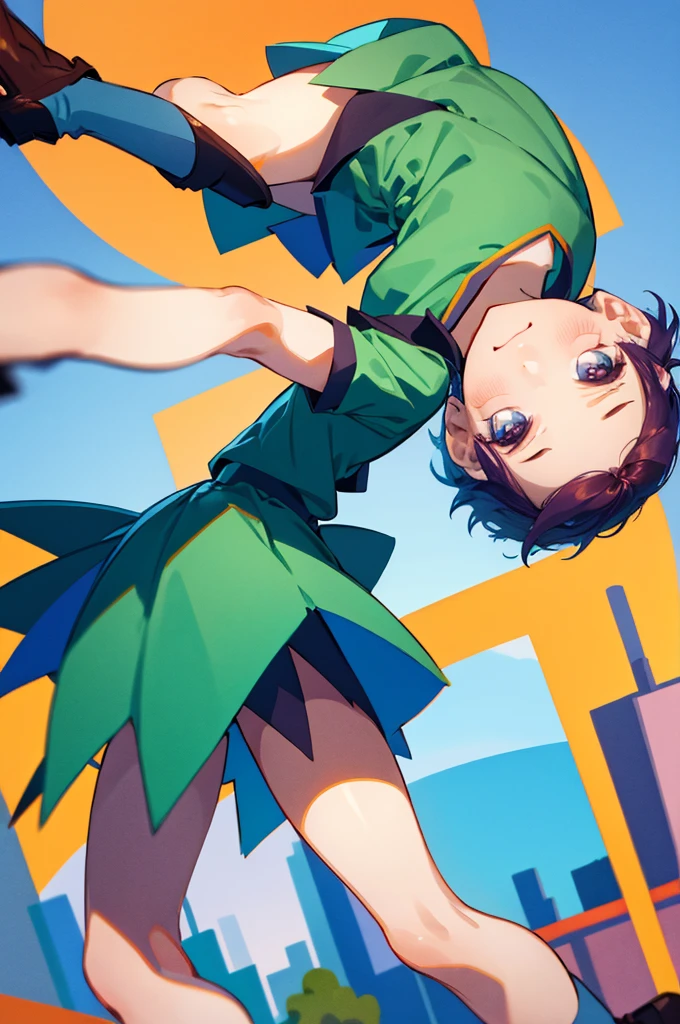 best quality, ojsgwopcs, one side up, green shirt, dress, shorts under skirt, smile, looking at viewer, city 