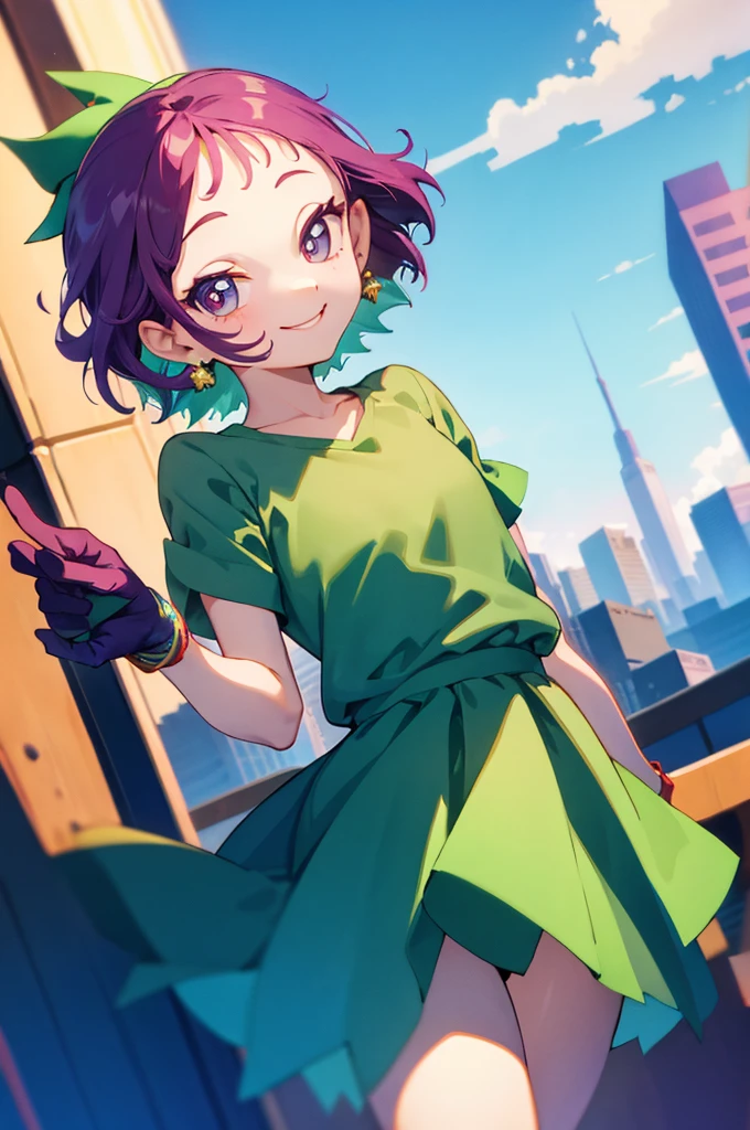 best quality, ojsgwopcs, one side up, green shirt, dress, shorts under skirt, smile, looking at viewer, city 