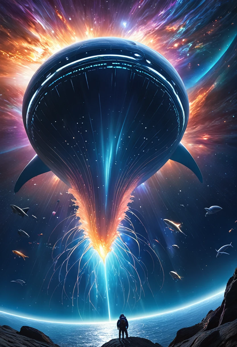 (best quality,4k,8k,highres,masterpiece:1.2),ultra-detailed,(realistic,photorealistic,photo-realistic:1.37),sci-fi,space,starwhale, giant flying whale,gigantic interstellar creature,vast cosmic ocean,celestial anomaly,ethereal aura,bioluminescent tendrils,otherworldly majesty,surreal atmosphere,dramatic lighting,vibrant colors