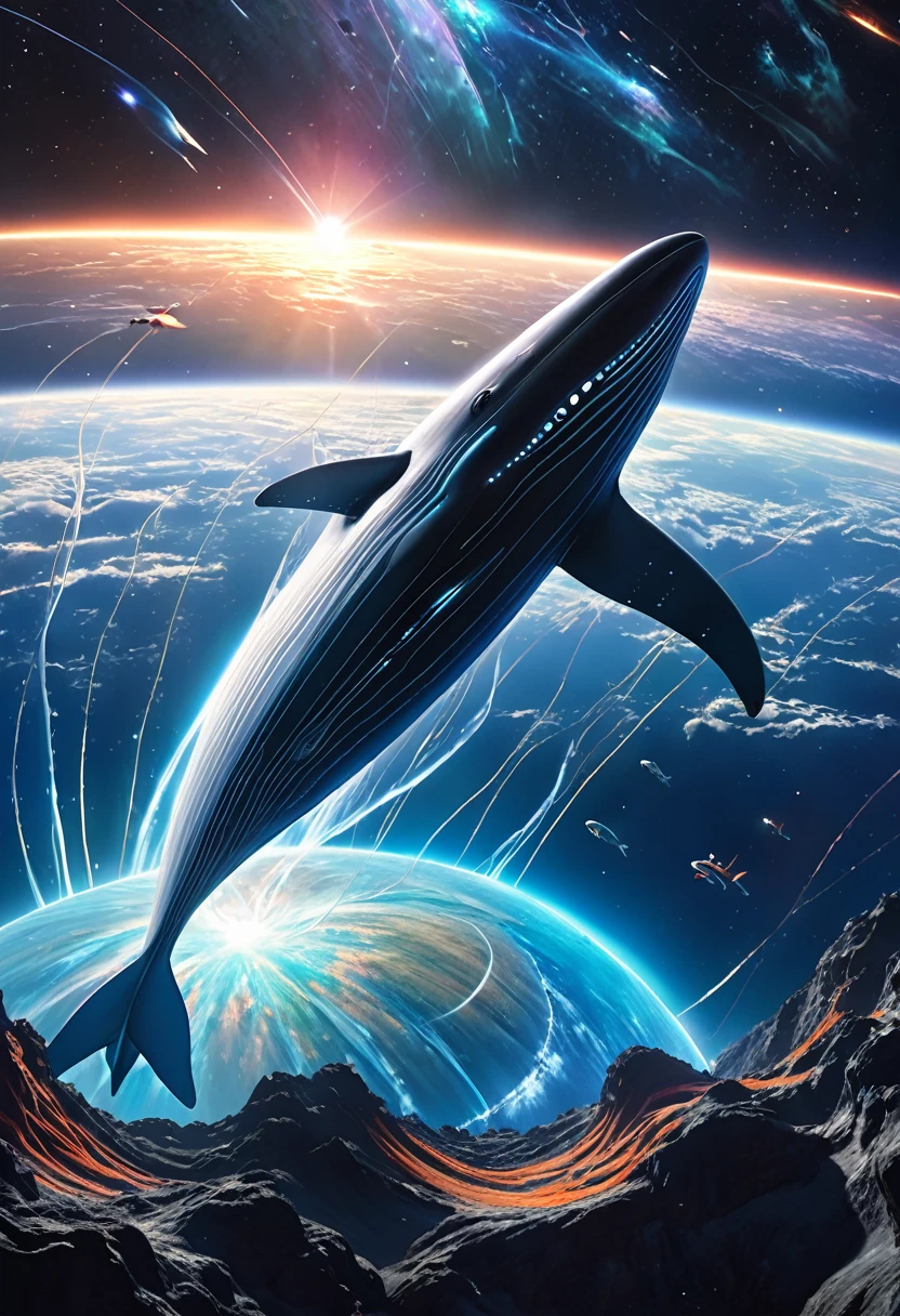 (best quality,4k,8k,highres,masterpiece:1.2),ultra-detailed,(realistic,photorealistic,photo-realistic:1.37),sci-fi,space,starwhale, giant flying whale,gigantic interstellar creature,vast cosmic ocean,celestial anomaly,ethereal aura,bioluminescent tendrils,otherworldly majesty,surreal atmosphere,dramatic lighting,vibrant colors