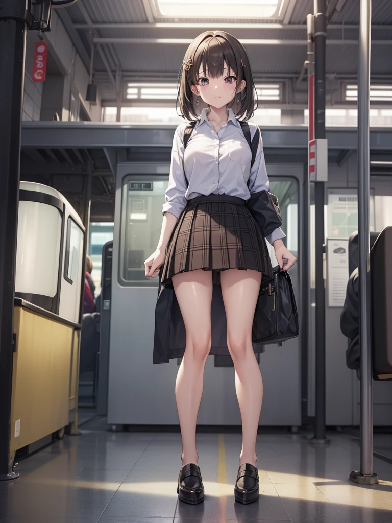 masutepiece, Best Quality, High resolution, Extremely detailed, Detailed background, Cinematic lighting, 1girl in, Looking at Viewer, Wear a plaid shirt, microminiskirt, Pleated skirt, standing, Full body,  Sunlight, Waiting train, train station, Stand on the platform , City Girl