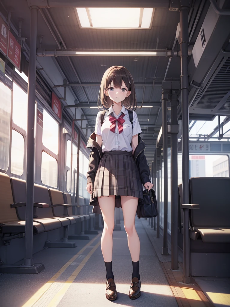 masutepiece, Best Quality, High resolution, Extremely detailed, Detailed background, Cinematic lighting, 1girl in, Looking at Viewer, Wear a plaid shirt, microminiskirt, Pleated skirt, standing, Full body,  Sunlight, Waiting train, train station, Stand on the platform , City Girl