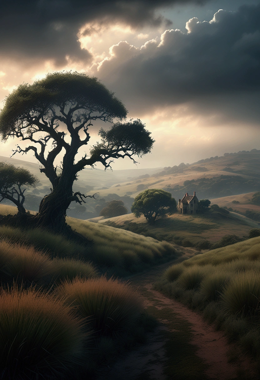 a field with hopeless exploration, fantasy landscape, rolling hills, overgrown vegetation, gnarled trees, moody lighting, dramatic clouds, muted color palette, atmospheric haze, sense of mystery and abandonment, (best quality,4k,8k,highres,masterpiece:1.2),ultra-detailed,(realistic,photorealistic,photo-realistic:1.37),cinematic composition,dramatic light and shadows,moody atmosphere,intricate details