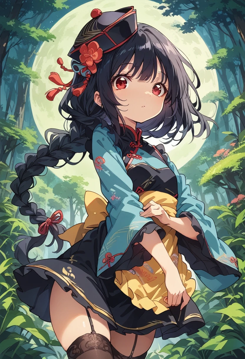 BREAK Perfect ???????、(High resolution:1.2)、Incredible illustrations、(Cute illustrations:1.2)、() （Beautiful background(forest)) 1 girl(Black hair, long hair, single braid, red eyes,tattoos, )(young adult woman:2.0)
big china hat,Long ruffled sleeves, black jiangshi cheongsam dress, moon pattern apron,  garter stockings