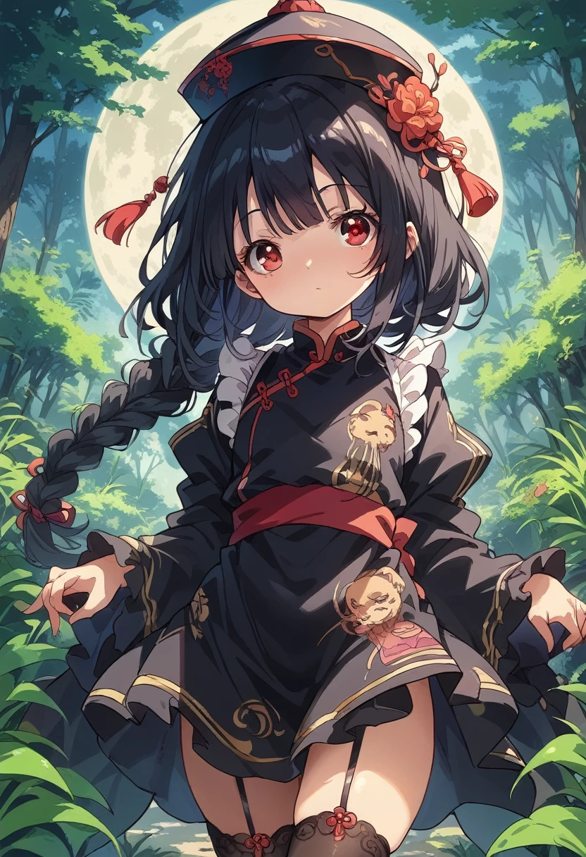 BREAK Perfect Anatomy、(High resolution:1.2)、Incredible illustrations、(Cute illustrations:1.2)、() (Beautiful background(forest)) 1 girl(Black hair, long hair, single braid, red eyes,tattoos, )(young adult woman:2.0)
big china hat,Long ruffled sleeves, black jiangshi cheongsam dress, moon pattern apron, garter stockings