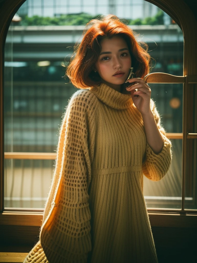 full body shot, Best quality, a 20y (chubby:1.3) kazak women, wearing (bohemian woolen dress:1.3), big breast, (sexy:1.2) (redhead:1.2) hair blowing in the wind, moody atmosphere, sunlight exposure, beautiful shadow, intricate posing in the (hongkong cafe:1.4), perfect object, perfect anatomy, kodacrhome, cinematic, natural, perfect direct of photography, realistic face and eyes, realistic skin, ultra highly detailed, sharp focus, beautiful film bokeh, surreal view, (candid style:1.2), shot by zenit camera with 35mm lens, Portrait by annie leibovitz