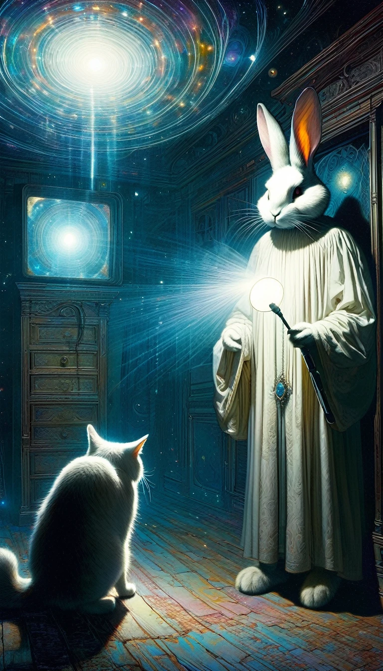 insanely detailed,extremely detailed illustration,(ultra-highres),(ultra-detailed),perfect anatomy, Top quality, super detailed, ((very delicate and beautiful)), illustration, perfect design, ((detailed background)) , (lens flare), (chromatic aberration), (depth of field),(rembrandt lighting:1.2), Two women, shoulder,cleavage, pelvic curtain, psychic phenomenon investigators, beautiful, cute, kawaii, investigating with high-tech psychic measuring devices, thin, white-based, mobile, mist,moon,cats,rabbit,partially submerged,luminescence, America, historic abandoned house investigation, midnight, dark, lit only with handheld flashlight, basement, dark, narrow, poor visibility, eerie, tense, scary, antique, black figure, midnight basement, dark space with no exterior light, dark with no overall light, Close-up of the upper body, (masterpiece:1.2),(best quality:1.2),newest,intricate details, ai-generated, (art inspired by Bill Sienkiewicz). oil painting)