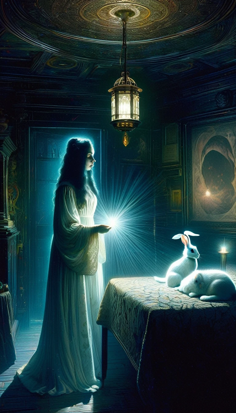 insanely detailed,extremely detailed illustration,(ultra-highres),(ultra-detailed),perfect anatomy, Top quality, super detailed, ((very delicate and beautiful)), illustration, perfect design, ((detailed background)) , (lens flare), (chromatic aberration), (depth of field),(rembrandt lighting:1.2), Two women, shoulder,cleavage, pelvic curtain, psychic phenomenon investigators, beautiful, cute, kawaii, investigating with high-tech psychic measuring devices, thin, white-based, mobile, mist,moon,cats,rabbit,partially submerged,luminescence, America, historic abandoned house investigation, midnight, dark, lit only with handheld flashlight, basement, dark, narrow, poor visibility, eerie, tense, scary, antique, black figure, midnight basement, dark space with no exterior light, dark with no overall light, Close-up of the upper body, (masterpiece:1.2),(best quality:1.2),newest,intricate details, ai-generated, (art inspired by Bill Sienkiewicz). oil painting)