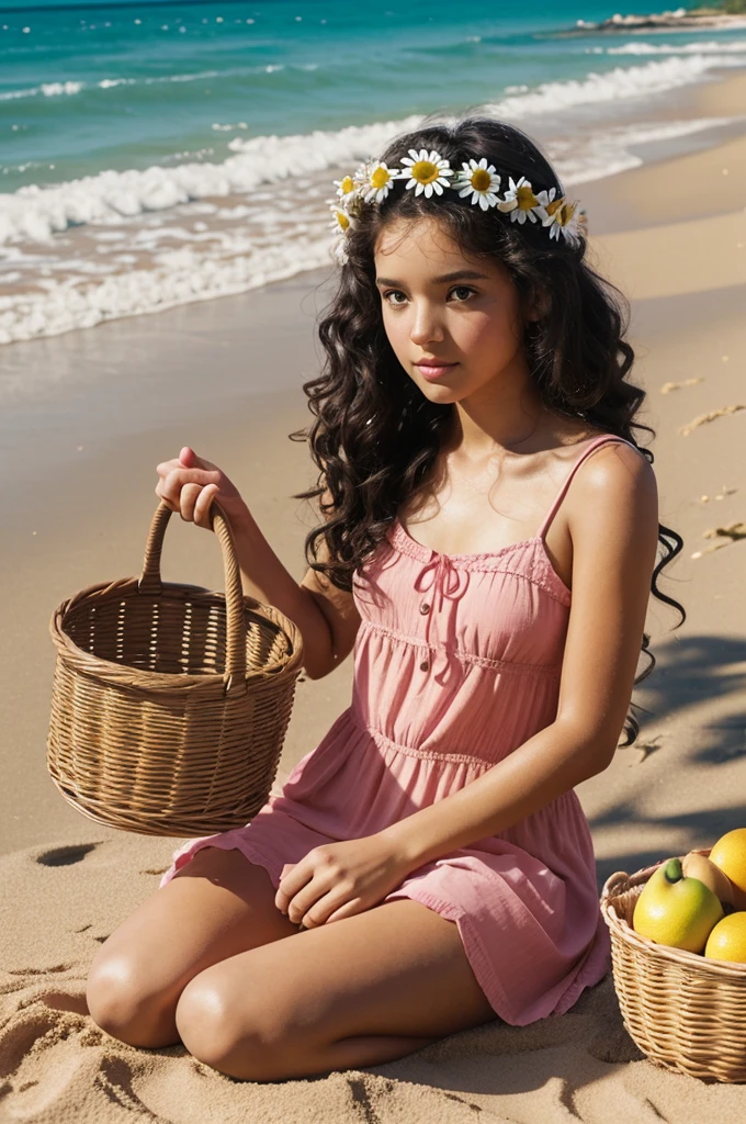 (girl:1.1),alone, (black long curly hair:1.1), brown eyes, Wearing a daisy wreath on your head, Sit in a beach sand, (fruit basket:1.1), pink dress shorts,,raw,photographic,photo shadows,actual,Ridiculous,Aesthetic,elegant