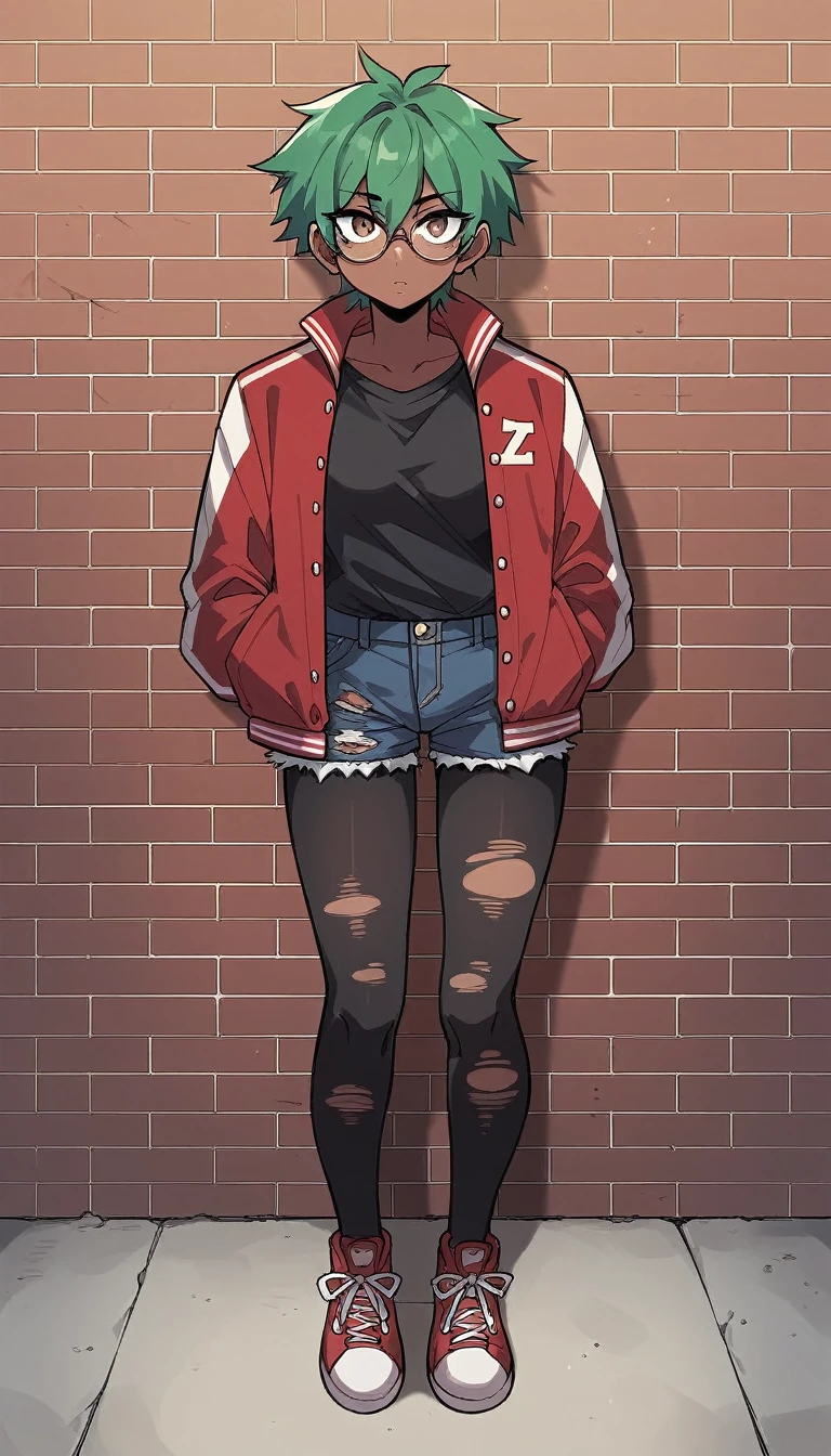 bright green hair, and a ponytail standing in front of a brick wall, glasses, full body portrait of a short!, cel - shaded art style, character full body portrait, full body close-up shot, a character portrait, dressed in a red varsity jacket, tall female emo art student, black jean shorts, black pantyhose, , dark skin, torn black shirt, full body character portrait,