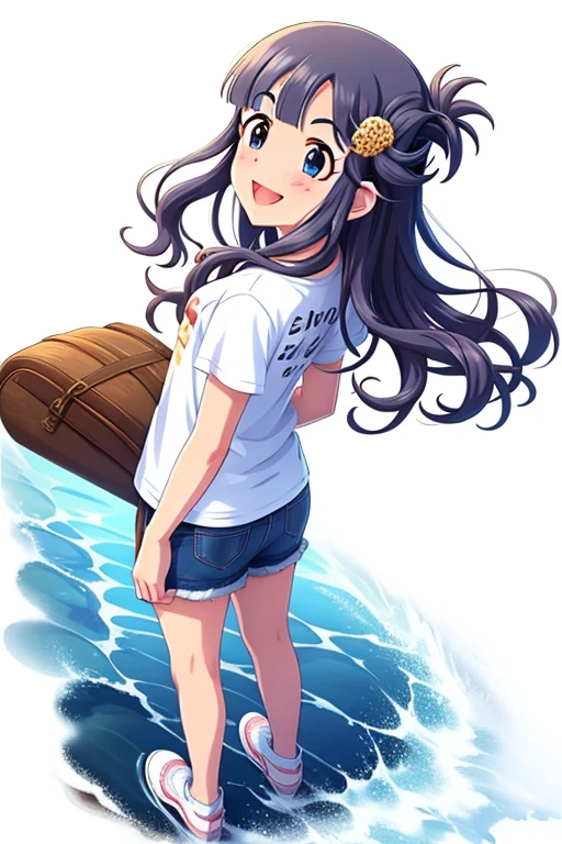 2D, anime, anime coloring, (solid white background:1.3) Asari Nanami,
long hair, blue eyes, blue hair, smile, open mouth, 1girl, hair ornament, bangs, fish hair ornament, fish, solo, blush, full body, stand, idle, t-shirt, white shirt, denim shorts, shorts rolled, white sneaker shoe, wavy hair, water, from back