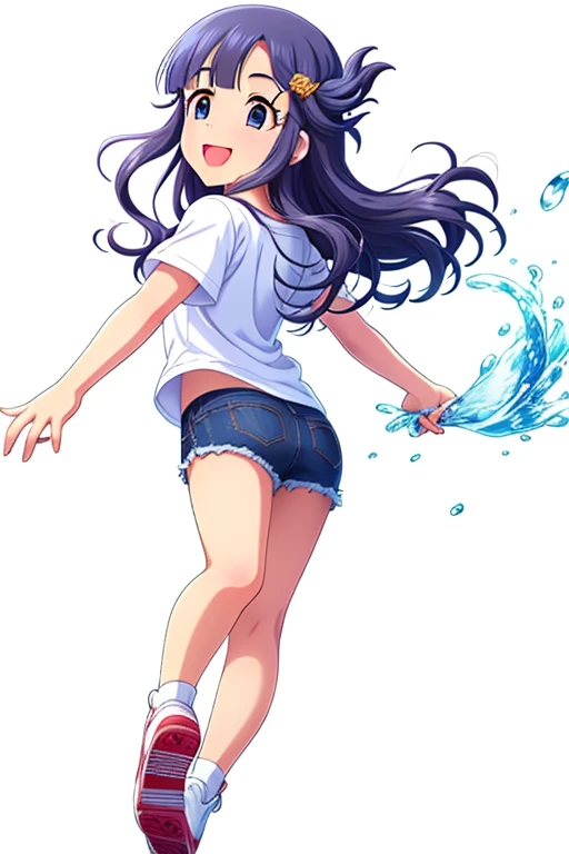 2D, anime, anime coloring, (solid white background:1.3) Asari Nanami,
long hair, blue eyes, blue hair, smile, open mouth, 1girl, hair ornament, bangs, fish hair ornament, fish, solo, blush, full body, stand, idle, t-shirt, white shirt, denim shorts, shorts rolled, white sneaker shoe, wavy hair, water, from back