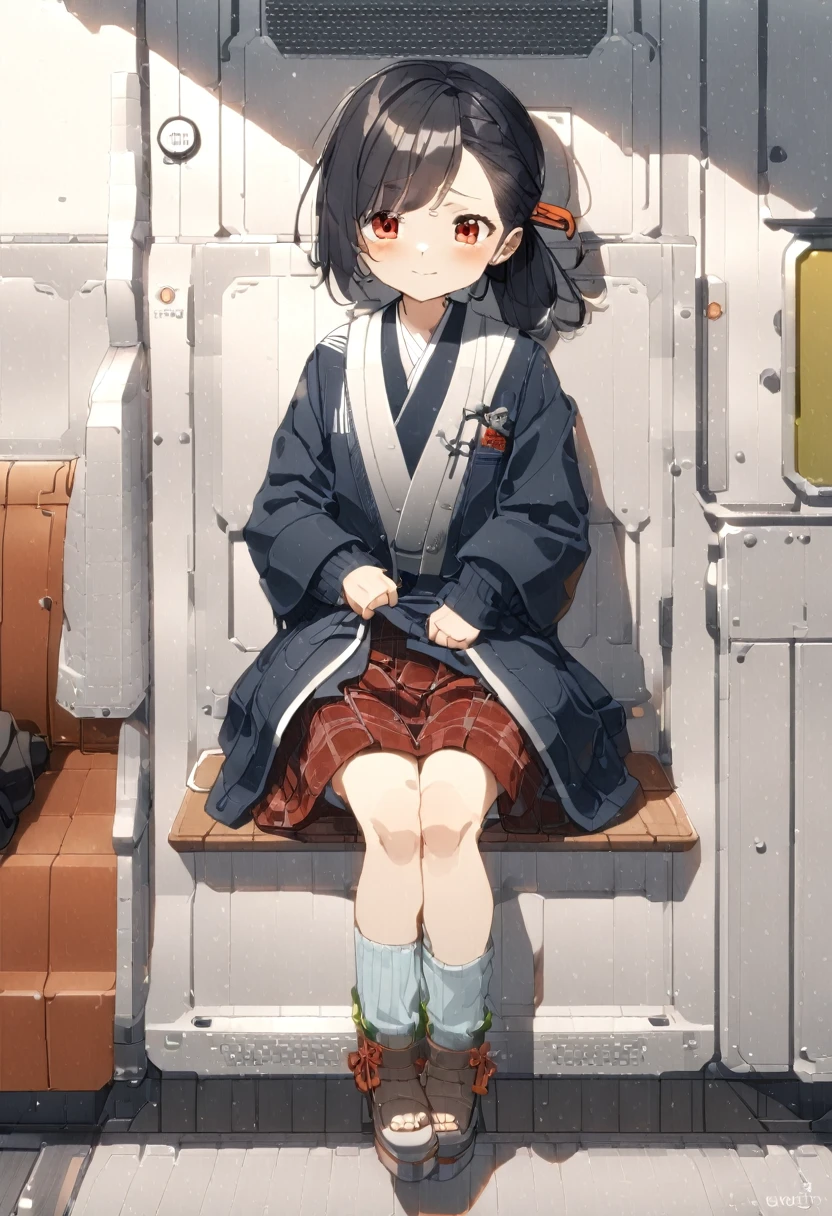 　(((Japanese)))(-yeld gi　((((10-year-o gi人、alo)))　Black Hair　Red fake hair　whole body写真　Full Shot　short hair　Low ponytail　whole body　Thighs　Autumn Outfits　　Facing seats on train　Spread your legs　((Embarrassed))　Visible through the gap(Panties)　((A shy smile))　