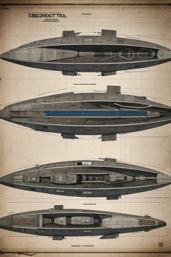 Technical drawing of a dilapidated but functional spaceship. Show the interior in detail. 