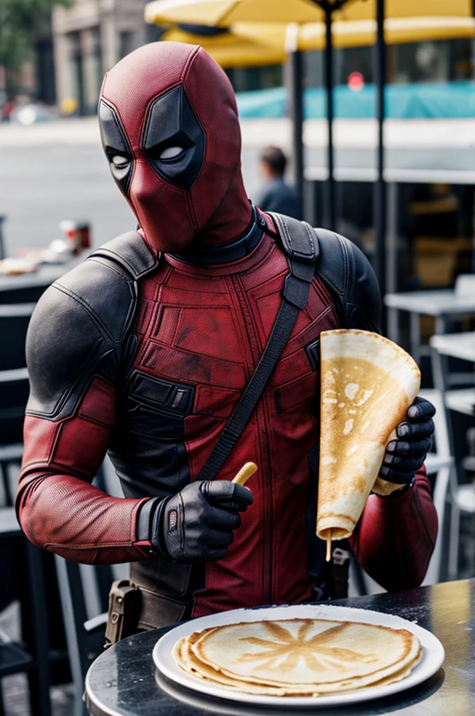 Deadpool eating crepes with banana 