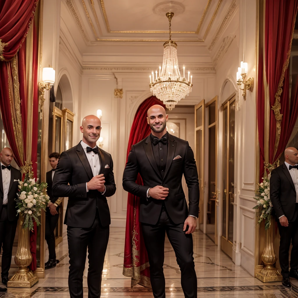 an Argentine woman, a beautiful and detailed woman, she is with a man, they are looking at the camera, (beautiful and detailed face), she is wearing a red dress, He is wearing elegant black clothes,He is wearing a black suit and black pants.full body, muscular core style; Handsome man, (he is bald), pale skin, very tall (6.0 feet) and very muscular, with a sensual appearance, he has casual clothes, gala party theme, looking at camera, smile