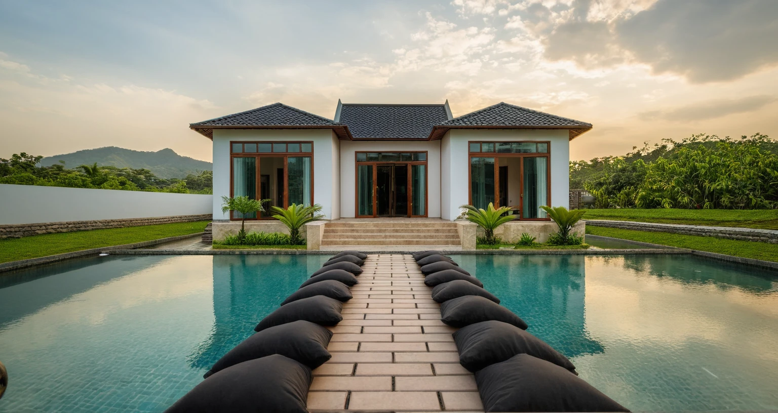 Picture a modern countryside villa exterior in Vietnam, featuring a sloped roof, ((stone)), traditional Vietnamese elements, a spacious courtyard with expansive green lawns, and tropical trees, surrounded by a lively morning atmosphere filled with genuine sunlight, Photography, use a wide-angle lens on a professional-grade camera to capture the authenticity of the scene, RAW photo, (high detailed skin:1.2), 8k UHD, DSLR, soft lighting, high quality, film grain, Fujifilm XT3 A traditional Vietnamese single-story villa exterior, sloping roof, black roofing, white walls adorned with wood and stone accents, serene design, masterpiece, best quality, clear sky, cloud, (nature light), (daylight:1.2)