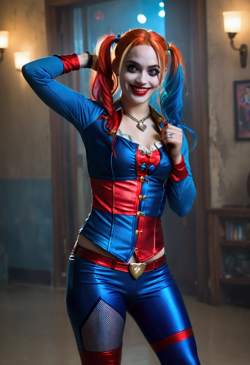 ultra realistic, photography, long red hair, girl, 24 years old, hourglass figure, perfect body, Flirty look, extremely detailed artgerm, in the style artgerm, small breasts, facing the camera, lens 35 mm, blur background, red and blue Harley Quinn costume (from the 2016 suicide squad movie), lively costume party as background, laughing, full body picture, full body, tights