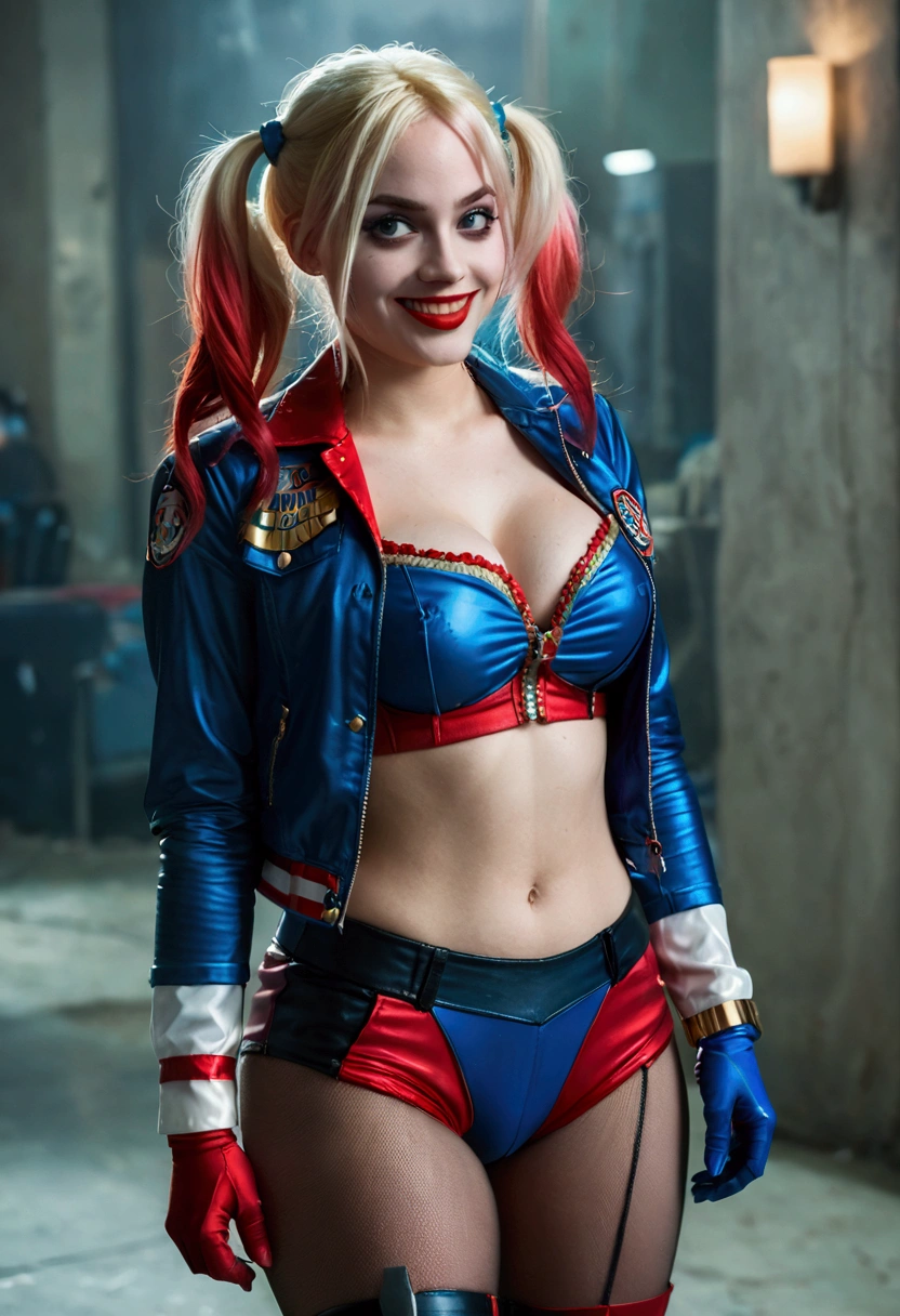 ultra realistic, photography, long red hair, girl, 24 years old, hourglass figure, perfect body, Flirty look, extremely detailed artgerm, in the style artgerm, small breasts, facing the camera, lens 35 mm, blur background, red and blue Harley Quinn costume (from the 2016 suicide squad movie), lively costume party as background, laughing, full body picture, full body, red and blue tights