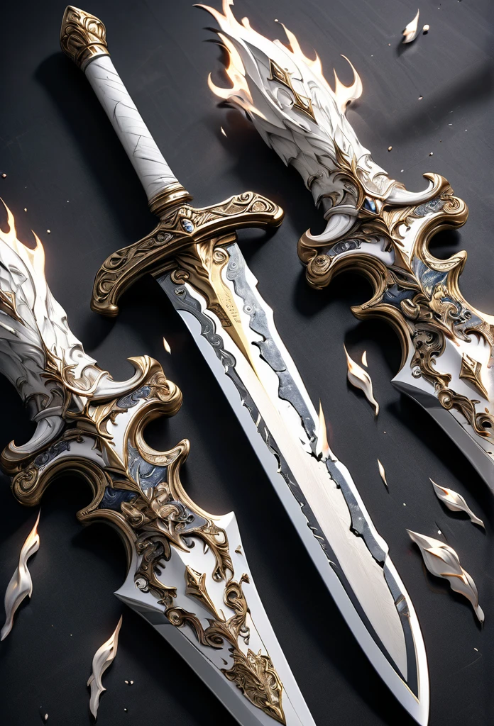 masterpiece, 8k, best quality, highly detailed, a pair of rough & cracked daggers covered in white flames