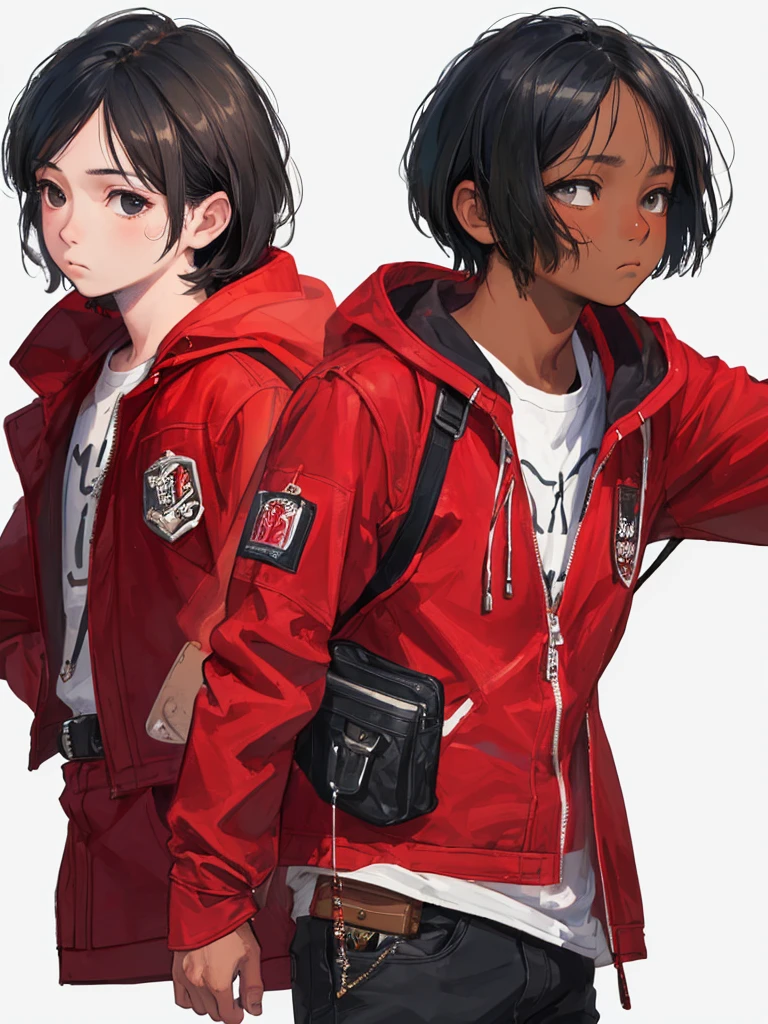 (((Masterpiece))), best quality, cowboy shot, perfect anatomy, (detailed face), ((realistic faces)), realistic anatomy, painterly)) 1boy, (((shota))), solo, dark skin, black hair, fanny pack, red jacket, three quarter view, simple background, white background