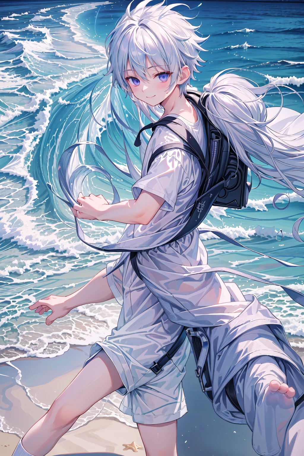 masterpiece, best quality, high resolution, extremely detailed, detailed background, cinematic lighting, 1boy, killua zoldyck, looking at viewer, beach, white t-shirt, boxer shortpants , smile, wearing backpack, (backpack:1.0), travel backpack, standing, fullbody, day, sunlight