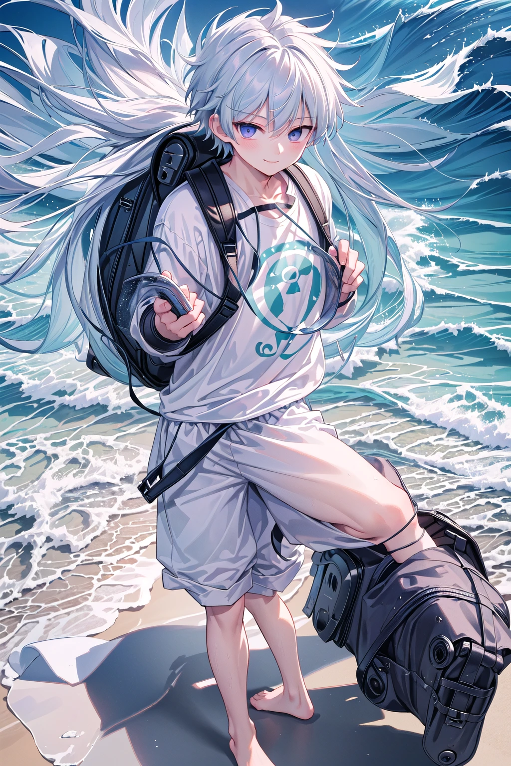masterpiece, best quality, high resolution, extremely detailed, detailed background, cinematic lighting, 1boy, killua zoldyck, looking at viewer, beach, white t-shirt, boxer shortpants , smile, wearing backpack, (backpack:1.0), travel backpack, standing, fullbody, day, sunlight