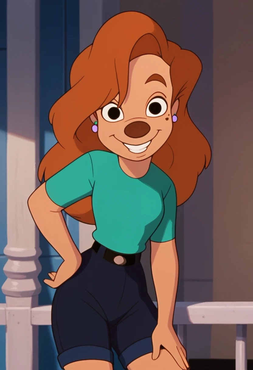 roxanne, 1girl, brown hair, long hair, solo, earrings, black eyes, green shirt, short sleeves, smile, furry female, shorts, belt,, score_9, score_8_up, score_7_up, score_6_up, score_5_up, score_4_up, looking at viewer, hand on own hip, cowboy shot,