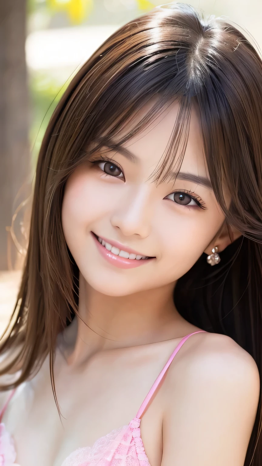 Young and beautiful Japan woman,, Light shiny brown messy medium length hair, Wearing a pink bikini, Perfect dynamic composition, Beautiful Eyes, Thin Hair, Detailed and realistic skin texture, Gentle expression, smile, Model body type、Lips close up