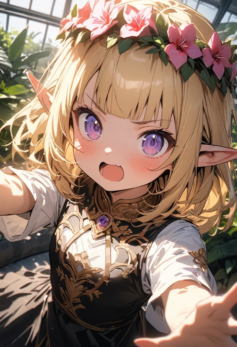 ((Masterpiece)), ((best quality)), ((kawaii)), ((extremely detailed)), (sketch:0.3), (RAW photo:1.2), (8K), (High Definition:1.3), (Professional Photography:1.2), cinematic lighting, (very aesthetic:1.2), (absurdres:1.2), (sharp focus), (perfect light), (from above), (wide shot), wide shot, (), (1girl), cute young girl, pudgy cheeks, (Grimace), open mouth, (Beautiful purple eyes:1.3), (Glossy skin), ((elf girl)), (Gold embroidery Noble Shirt), (small chest), (Healthy and toned body), slim body, (loose blunt bangs), unruly hair, (medium hair), ((beautiful blond hair)), (put on noble head wreath), BREAK, ((best quality)), (princess pose), (on the tropical giant greenhouse), (sharp focus), (perfect light),
