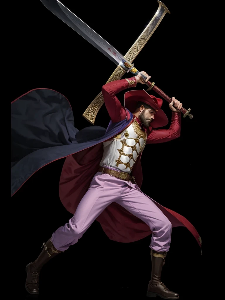 A very strong man, with lilac pants, with a red cape, with a hat on his head, is holding a large sword in his hands