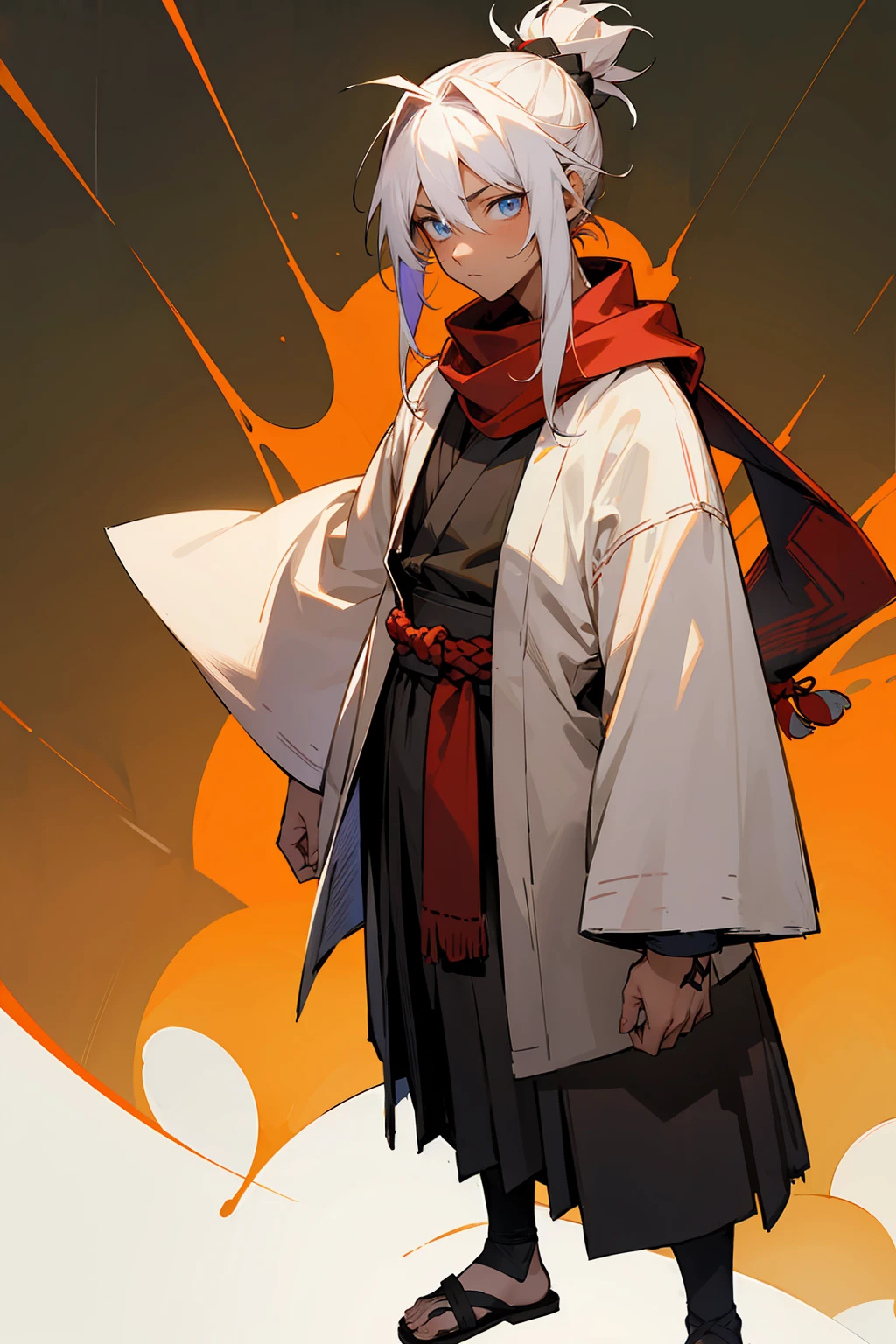 1male, teenager, muscular, white hair, crimson tipped hair, multicolored hair, topknot, man bun, messy hair, pale blue eyes, calm expression, white haori, black haori, tattered red scarf, sandals, demon slayer outfit, dark skin, caramel skin, standing on path, hands to side, forest background, detailed background, detailed face, facing viewer, standing still
