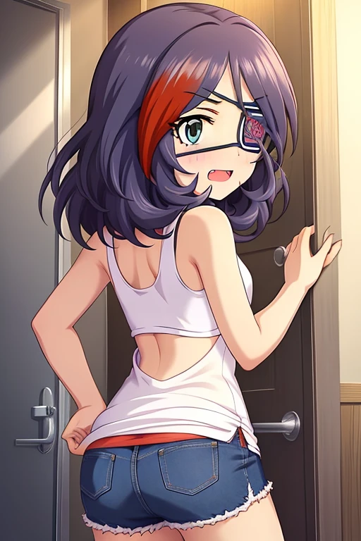 Hayasaka Mirei,purple hair,multicolored hair,fang,brown eyes,short hair,eyepatch,Tank top,Denim shorts,shorts rolled, from back, ass