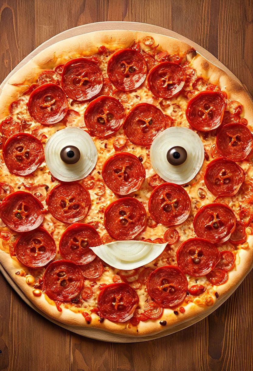 a pizza forming a human face with two pepperoni eyes, onion nose and tomato mouth