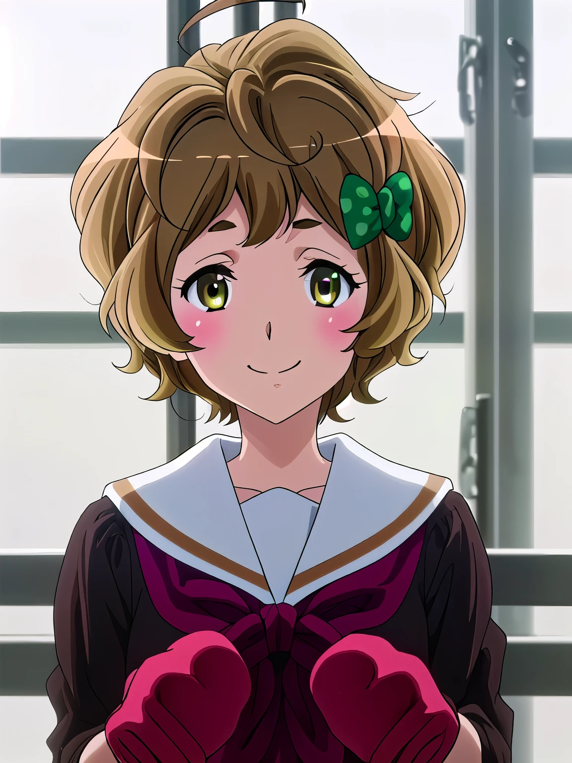 Highest quality, masterpiece, High resolution, alone, {Kawashima_sapphire_Sound Euphonium:1.15}, short_hair, brown_hair, blush, bow, hair_bow, Seraphim, green_eye, green_bow, Ahoge, polka_Dot, brown_eye, (Perfect hands, Perfect Anatomy),(brownのeye:1.5), 茶hair, short hair, ウェーブのかかったhair, Hot Face, blush, Sailor suit, , high school girl, Red ribbon, Downward, smile, very cute and beautiful girl,Teen,(Very detailedな美しい顔),
(Highest quality,masterpiece),Absurd,High resolution,Very detailedな,Very detailed,32K,8k resolution,  (Perfect hands, Perfect Anatomy),