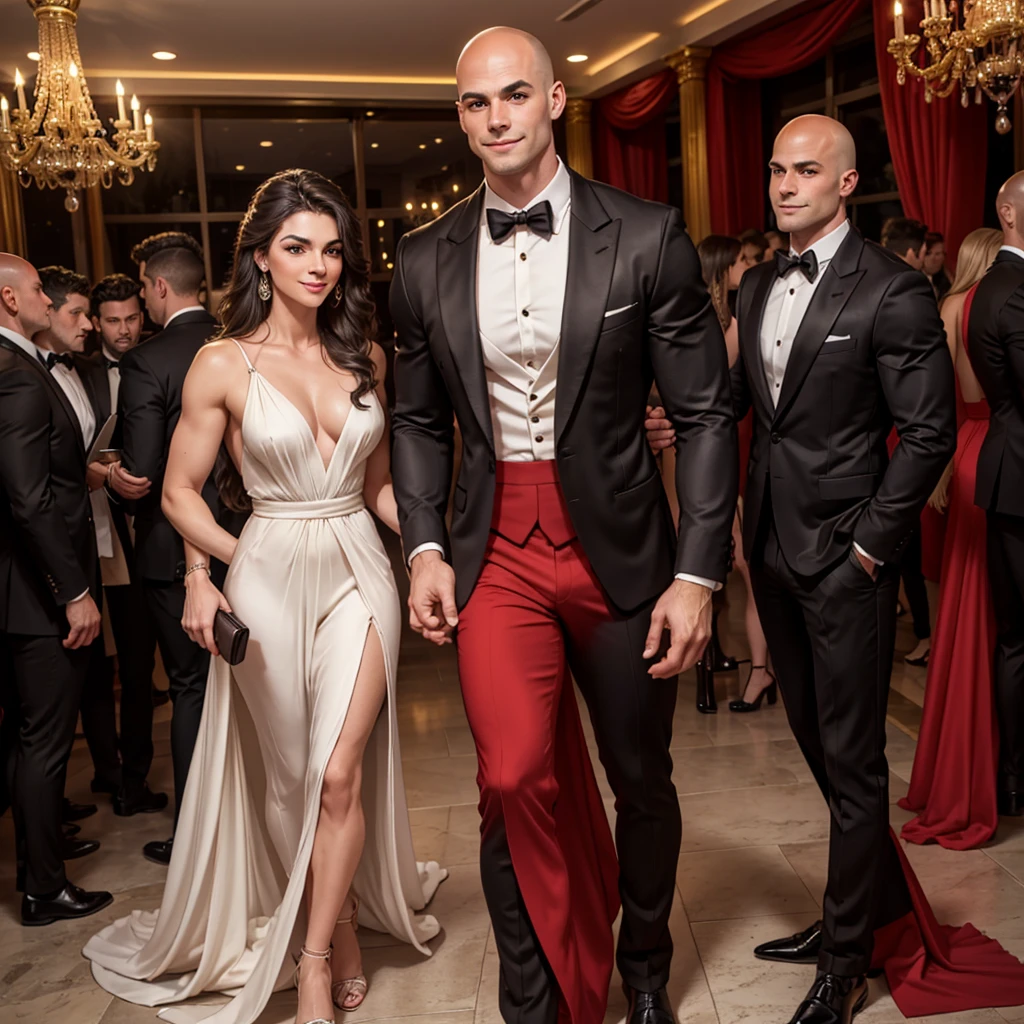 an Argentine woman, a beautiful and detailed woman, she is with a man, they are looking at the camera, (beautiful and detailed face), she is wearing a red dress, He is wearing elegant black clothes,He is wearing a black suit and black pants.full body, muscular core style; Handsome man, (he is bald), pale skin, very tall (6.0 feet) and very muscular, with a sensual appearance, he has casual clothes, gala party theme, looking at camera, smile